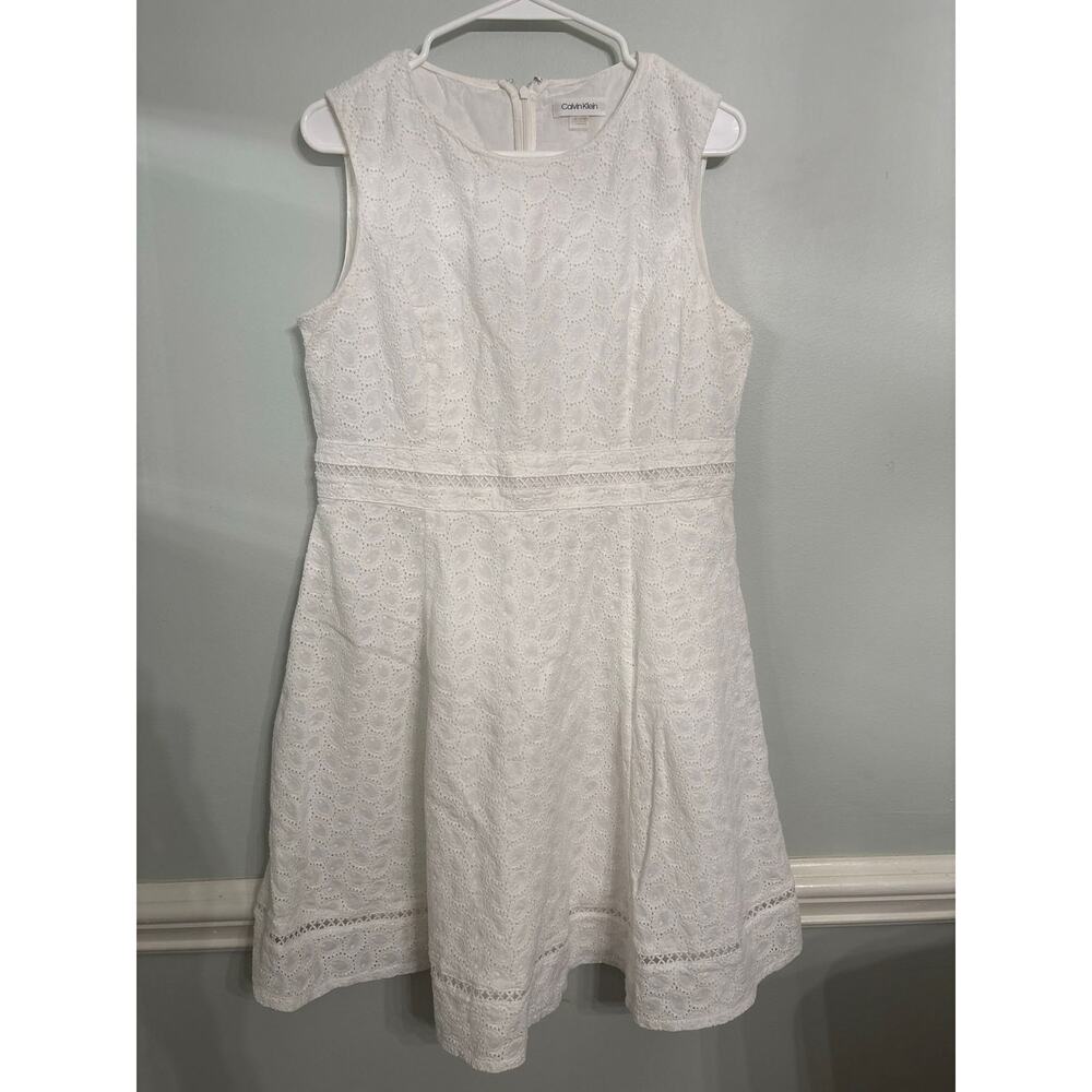 Calvin Klein White Eyelet Lace Fit & Flare Dress Sleeveless Size L